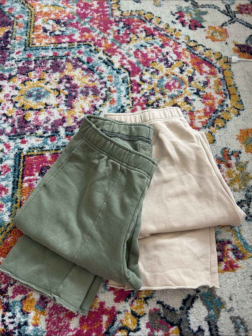 Aerie Loungewear Cropped Ankle Pants in Olive Green and Cream